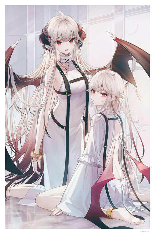 Two Anime Girls with Wings — White, Serene, Digital Art, Demon Horns