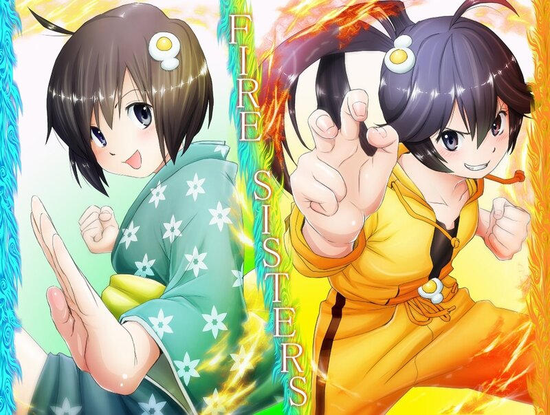 Two Anime Girls — Yellow, Energetic, Flames