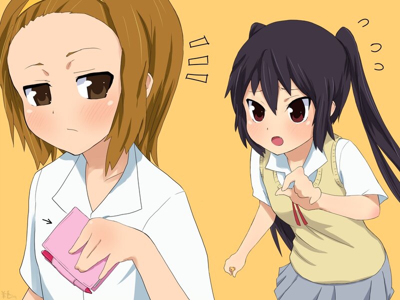 Two Anime Girls — Yellow, Playful, School Uniform, Notebook