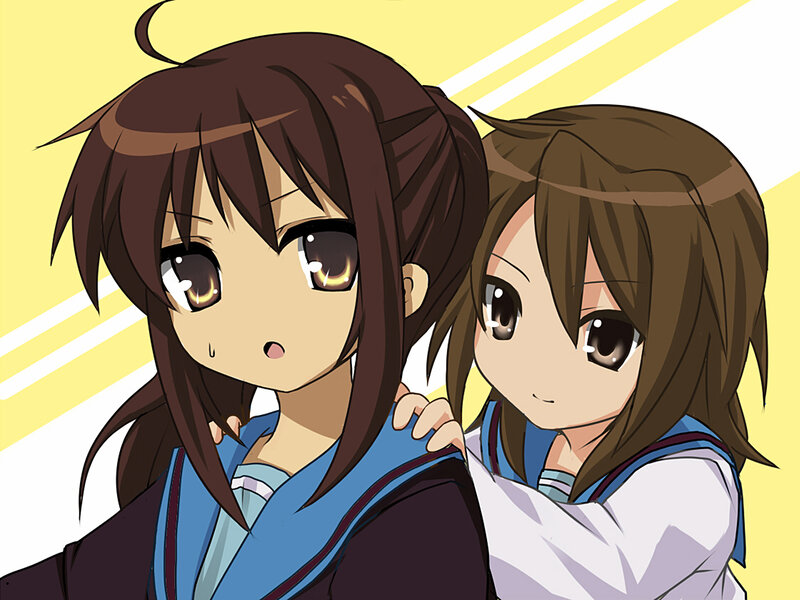 Two Anime Girls — Yellow, Playful, School Uniforms