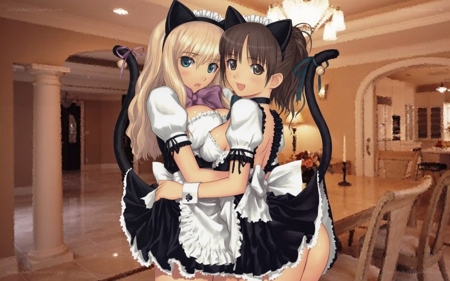 Two anime maids hugging
