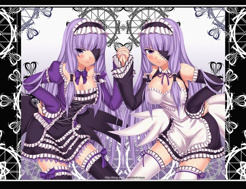 Two anime maids in purple and white