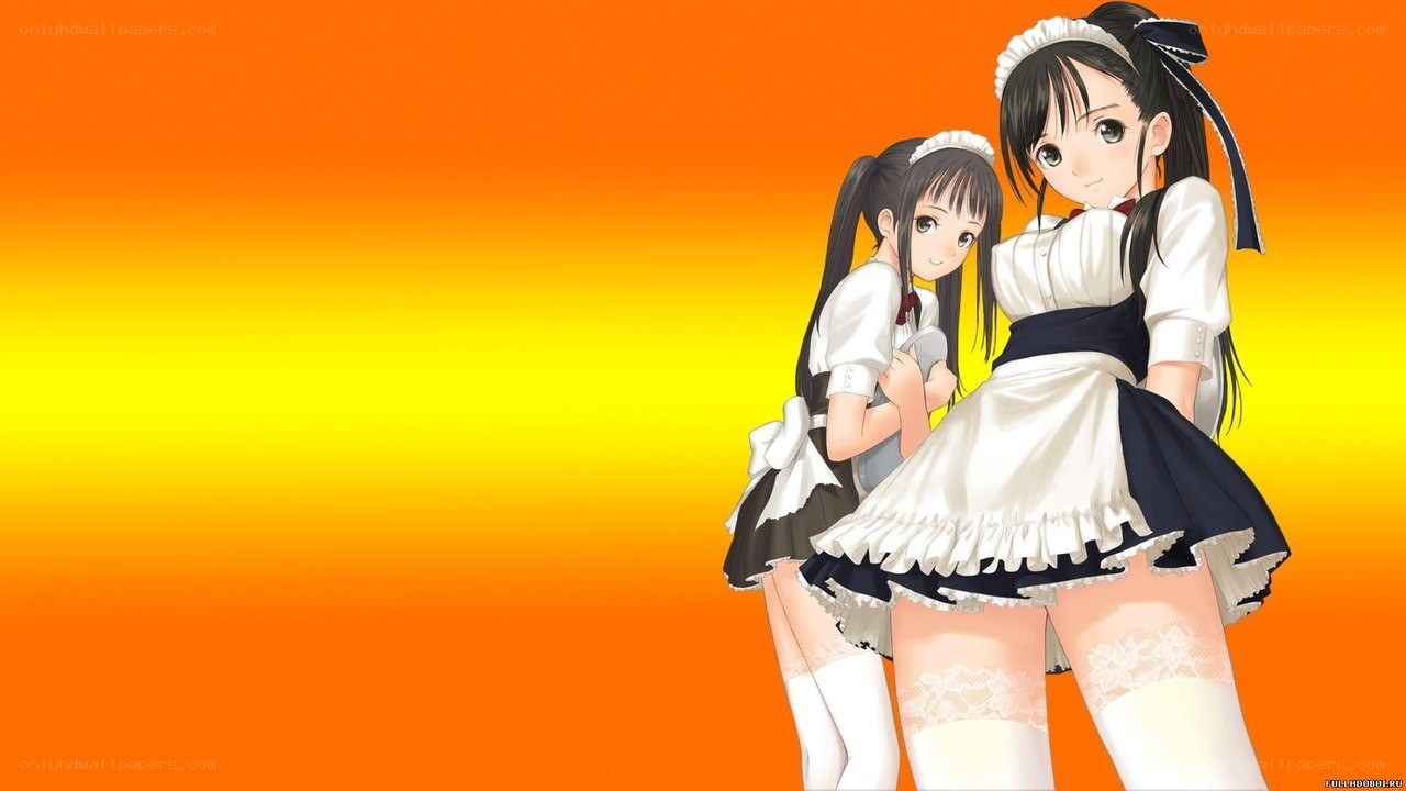two anime maids on orange background
