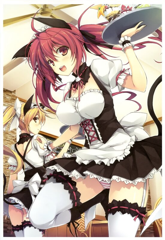 Two anime maids serving dessert