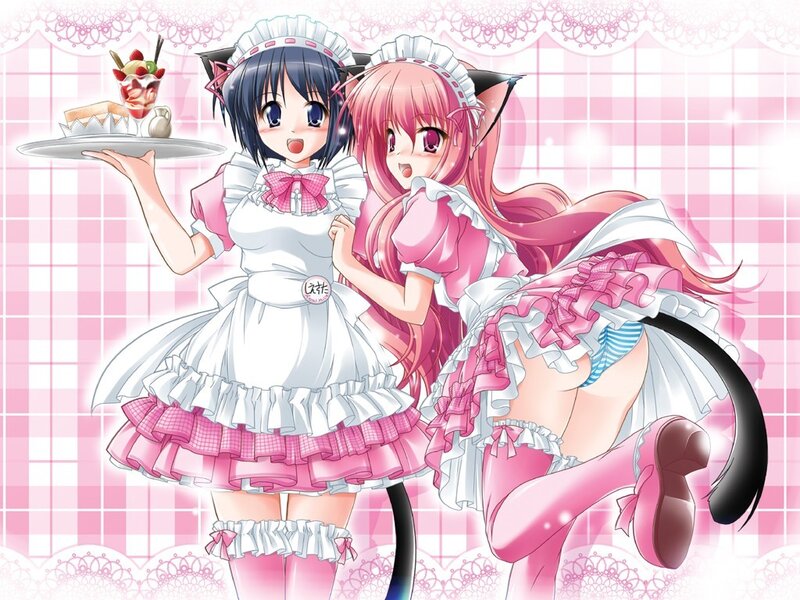 Two anime maids serving dessert
