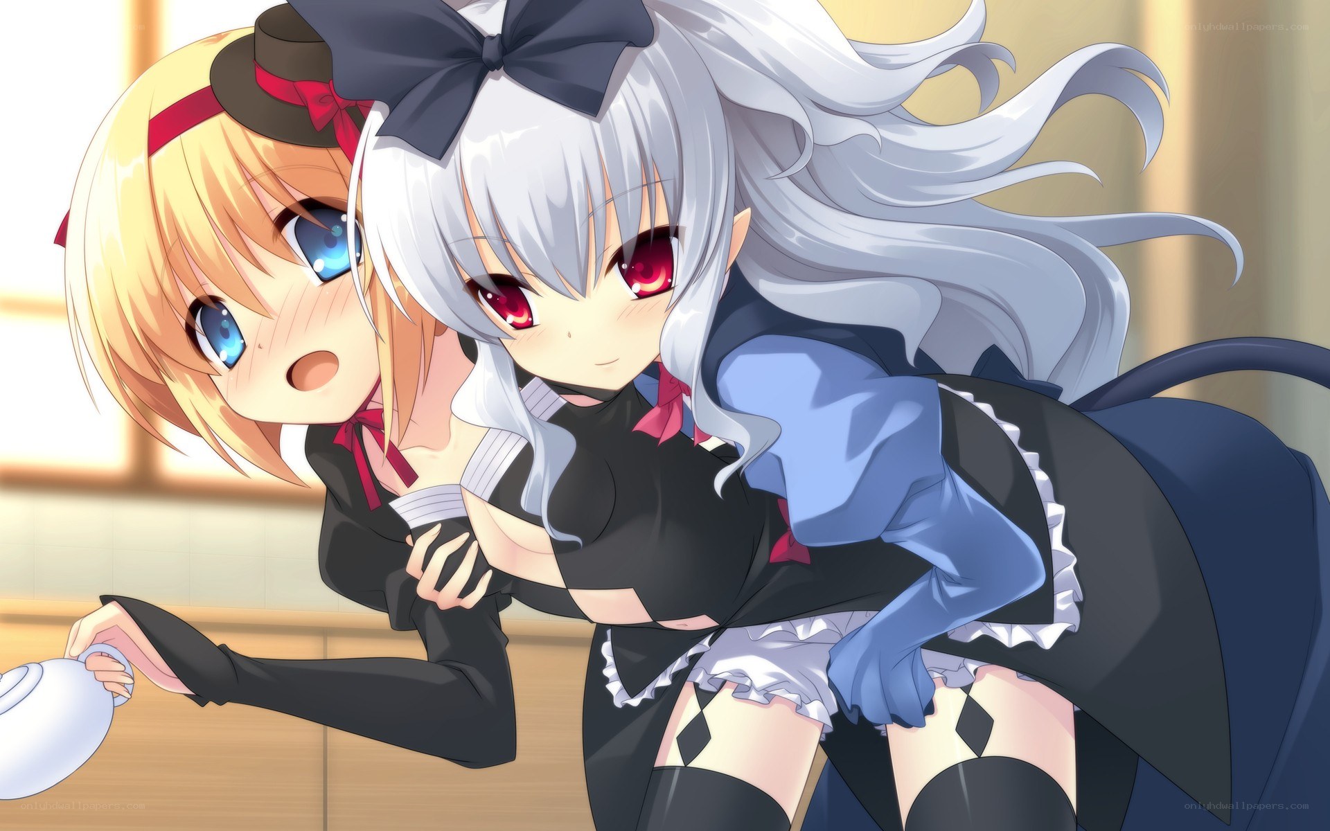 Two anime maids serving tea