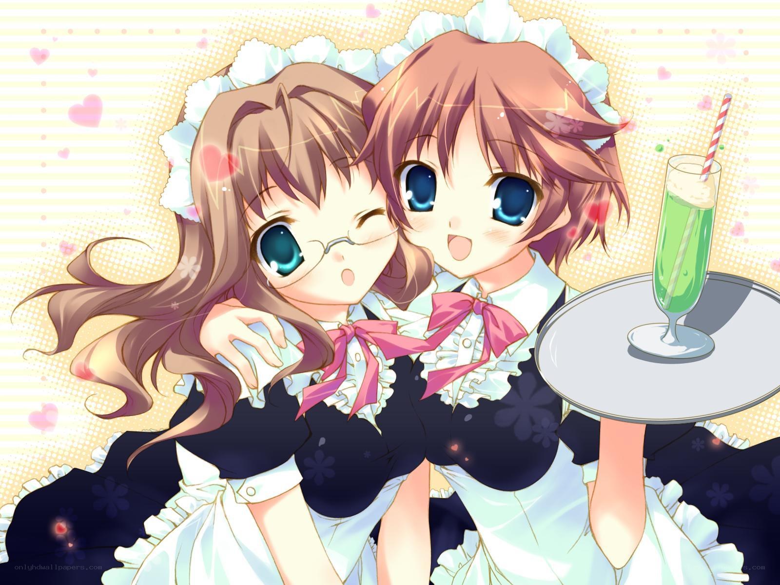 Two anime maids with a drink