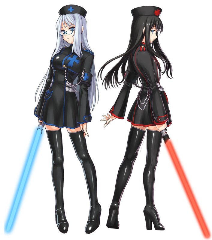 Two anime nurses with lightsabers