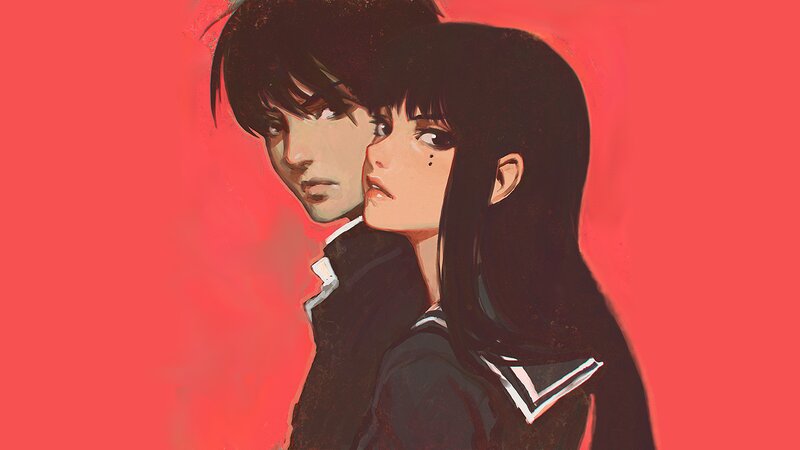 Two Anime Students — Red, Dramatic, Digital Art