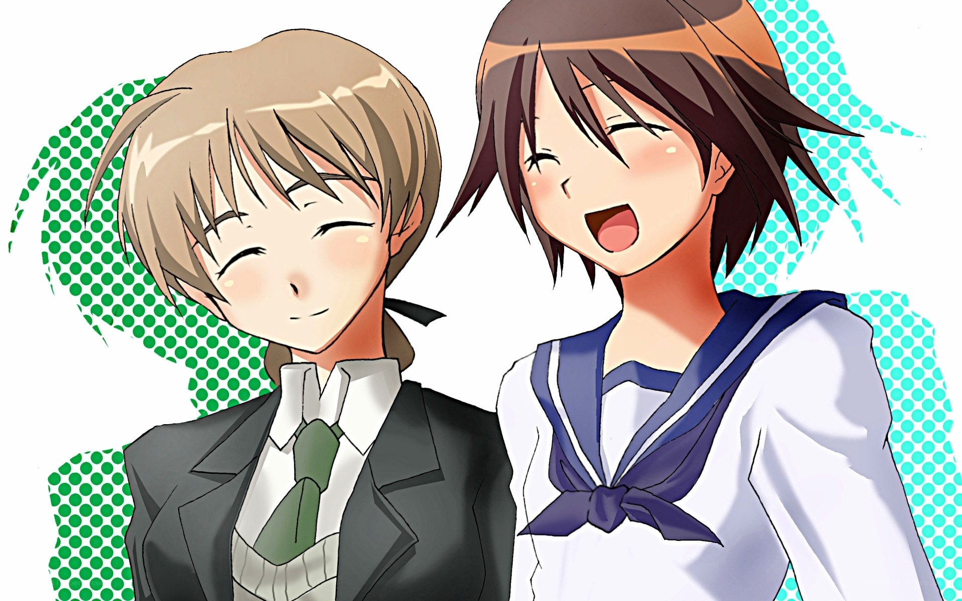 Two anime students smiling