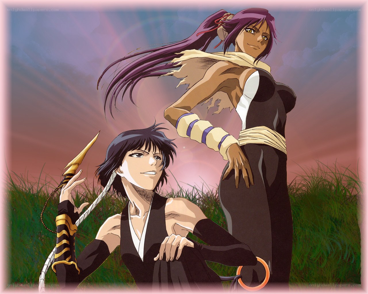 Two anime warriors in a field