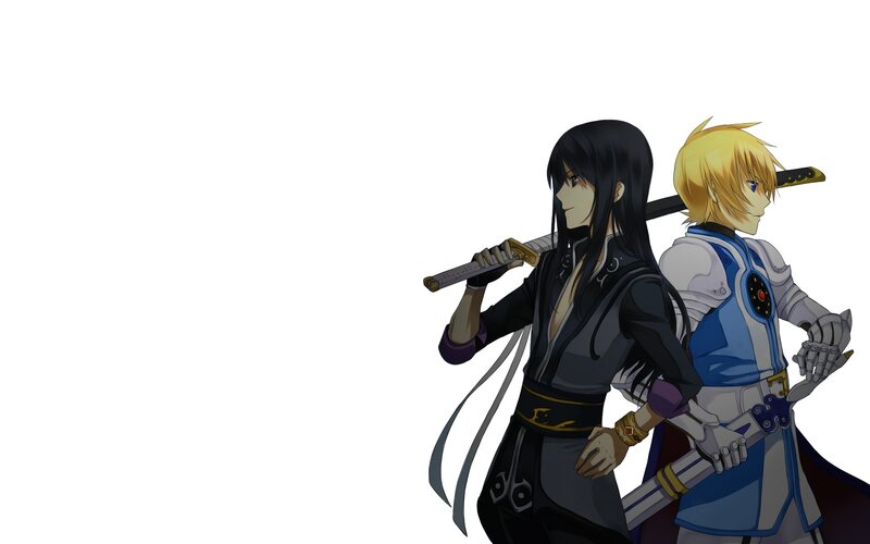 two anime warriors standing back to back