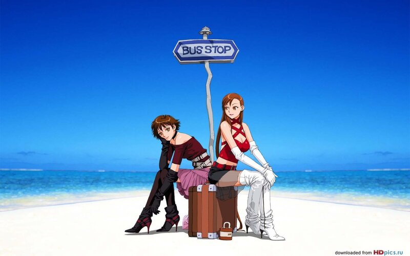 Two Anime Women at Bus Stop