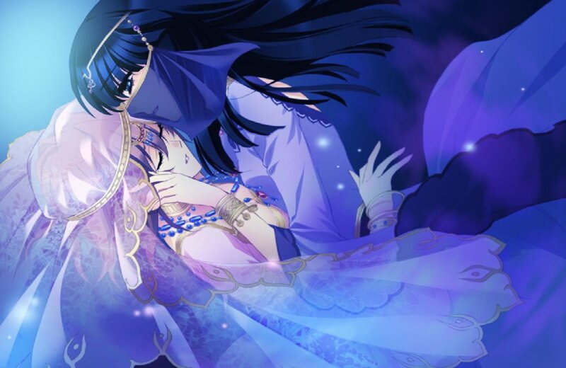Two Anime Women Embracing — Blue, Dramatic