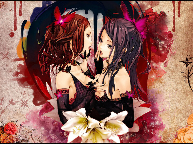 Two Anime Women Embracing — Red