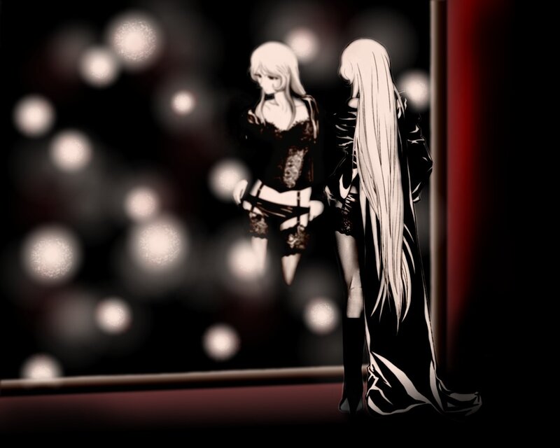 two anime women in dark setting