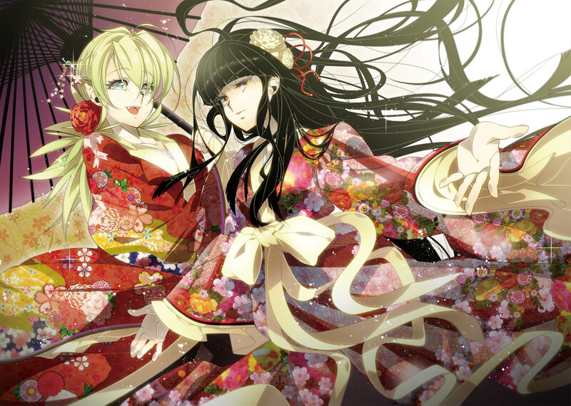 Two Anime Women in Kimonos — Red, Dramatic