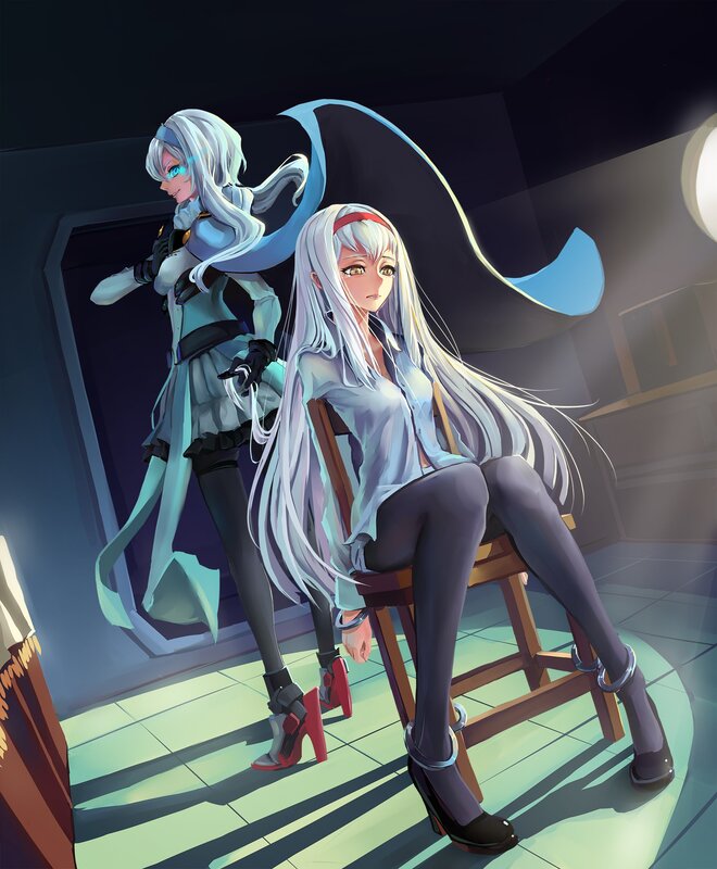 Two Anime Women in Room — White, Dramatic