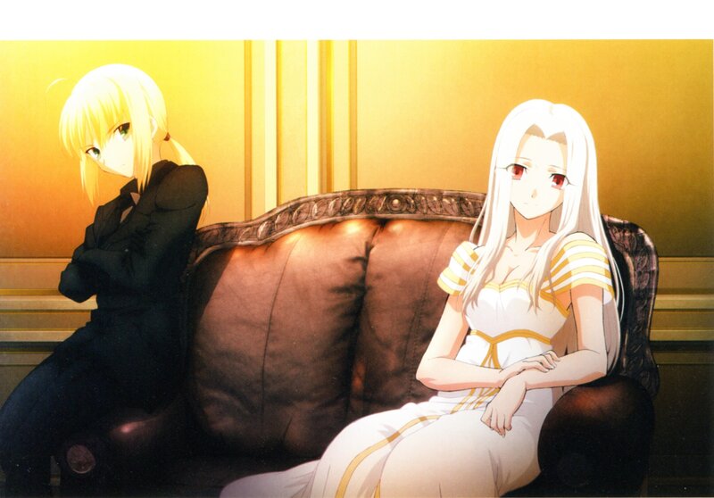 Two Anime Women on Couch — Yellow, Dramatic, Sunset