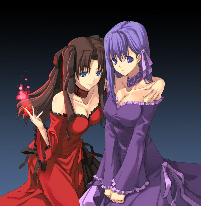 Two Anime Women — Purple, Dramatic, Night, Dresses