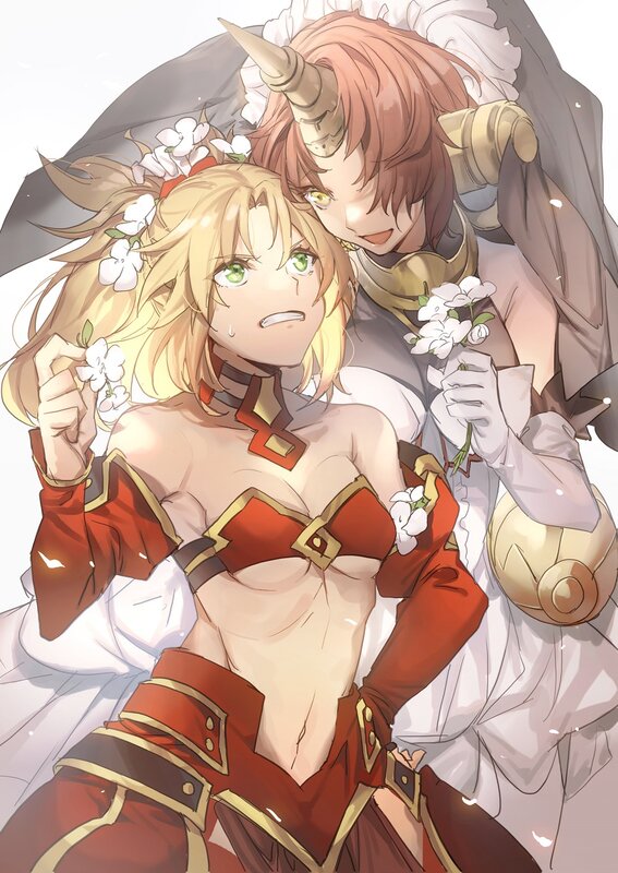 Two Anime Women — Red, Dramatic, Flowers