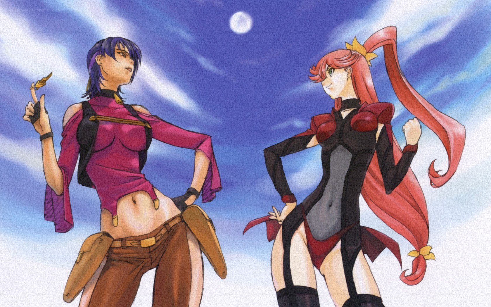 Two anime women under moonlight