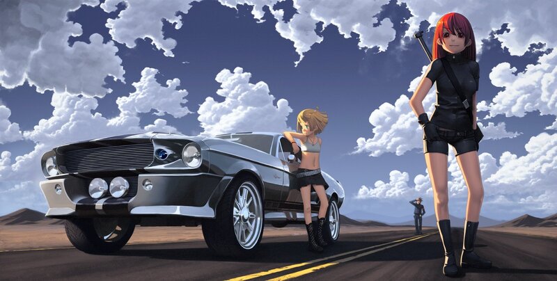 Two Anime Women with Car