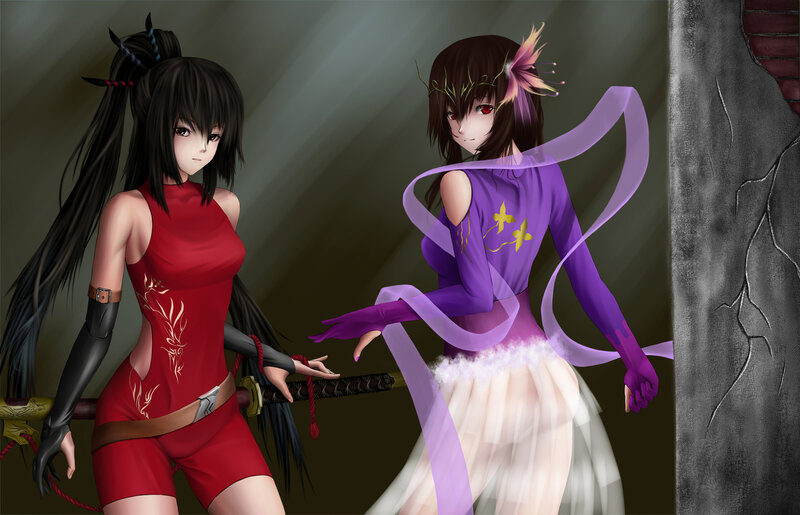 Two Anime Women with Swords — Red