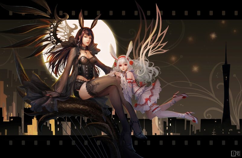 Two Anime Women with Wings — Black
