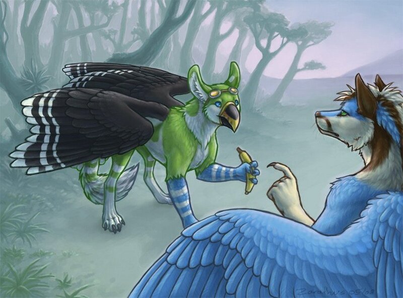 Two anthropomorphic birds in a forest