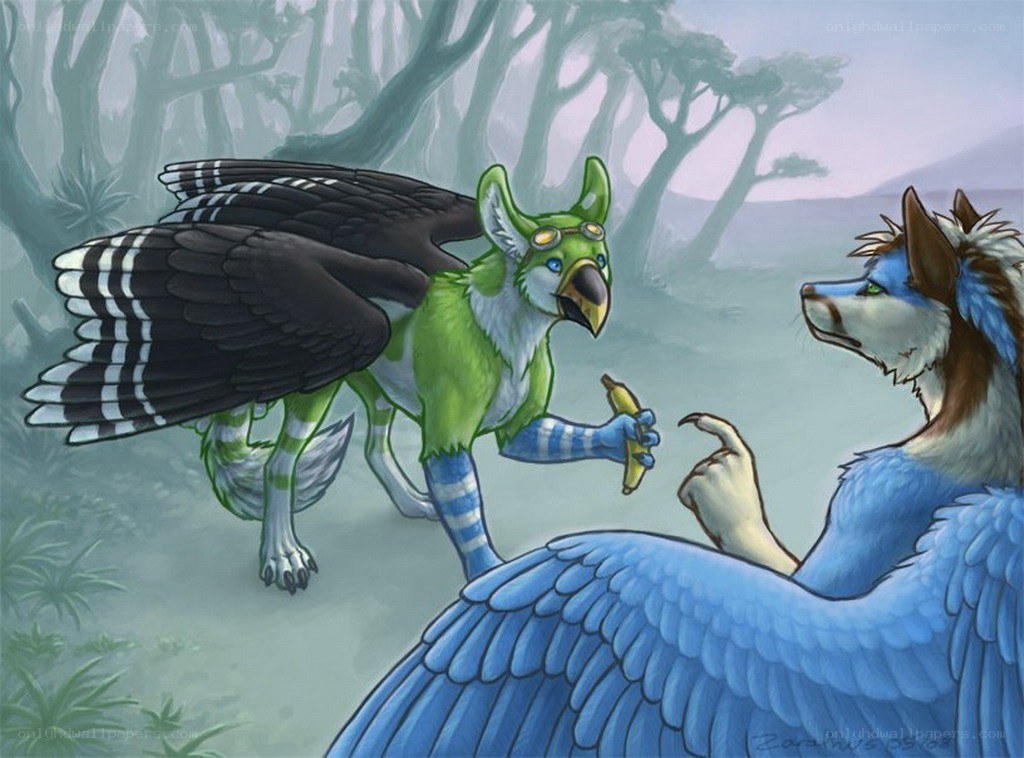 Two anthropomorphic birds in a forest