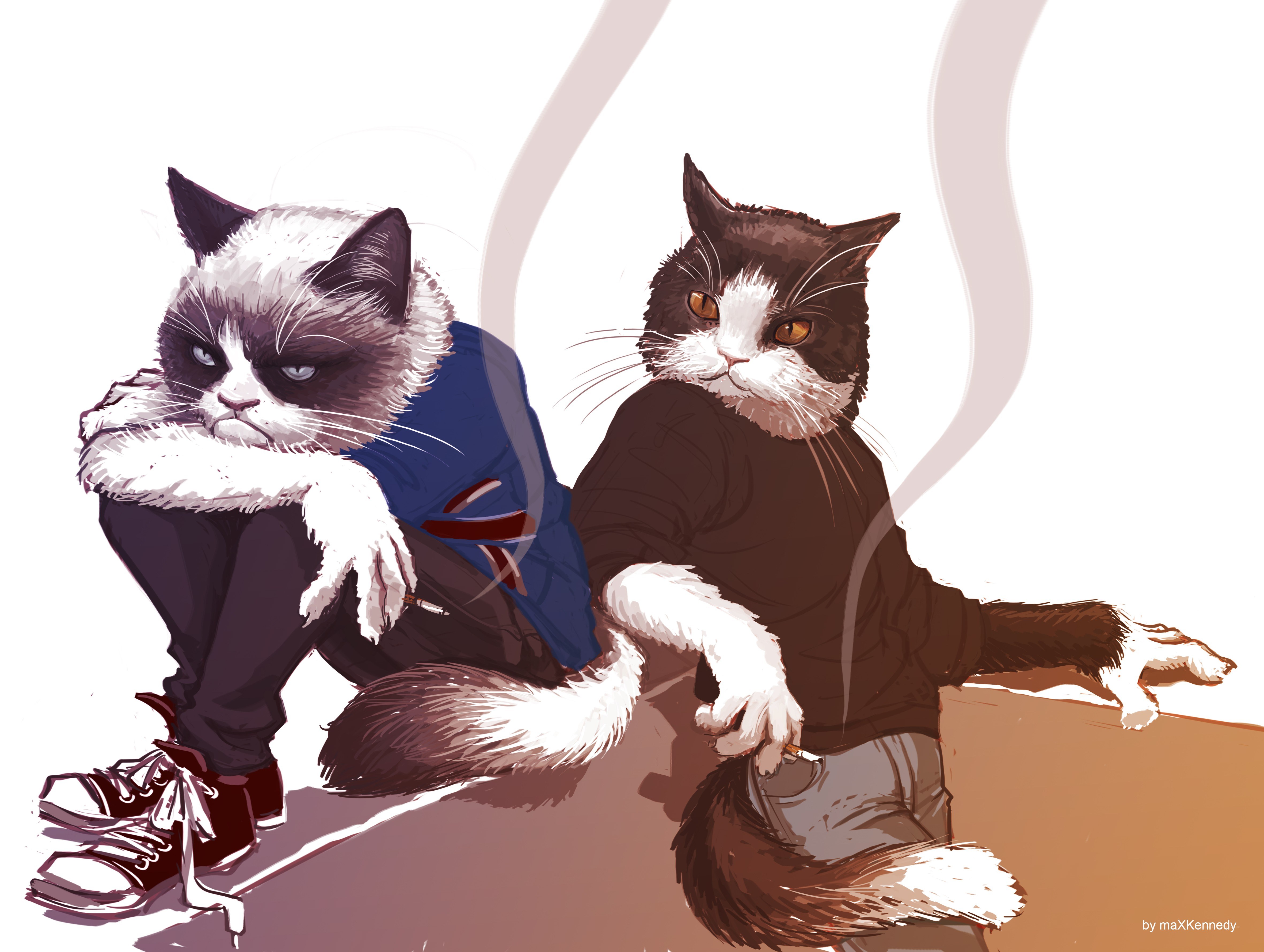 Two anthropomorphic cats sitting