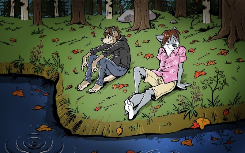 Two anthropomorphic characters by a pond