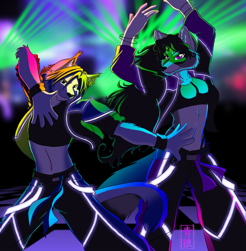 Two anthropomorphic characters dancing