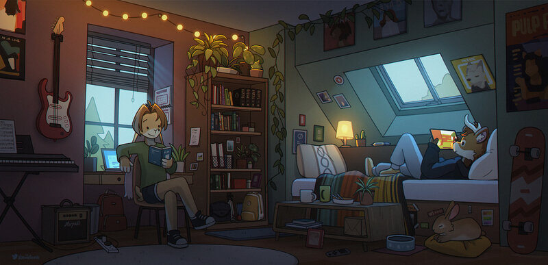 Two Anthropomorphic Characters — Green, Cozy