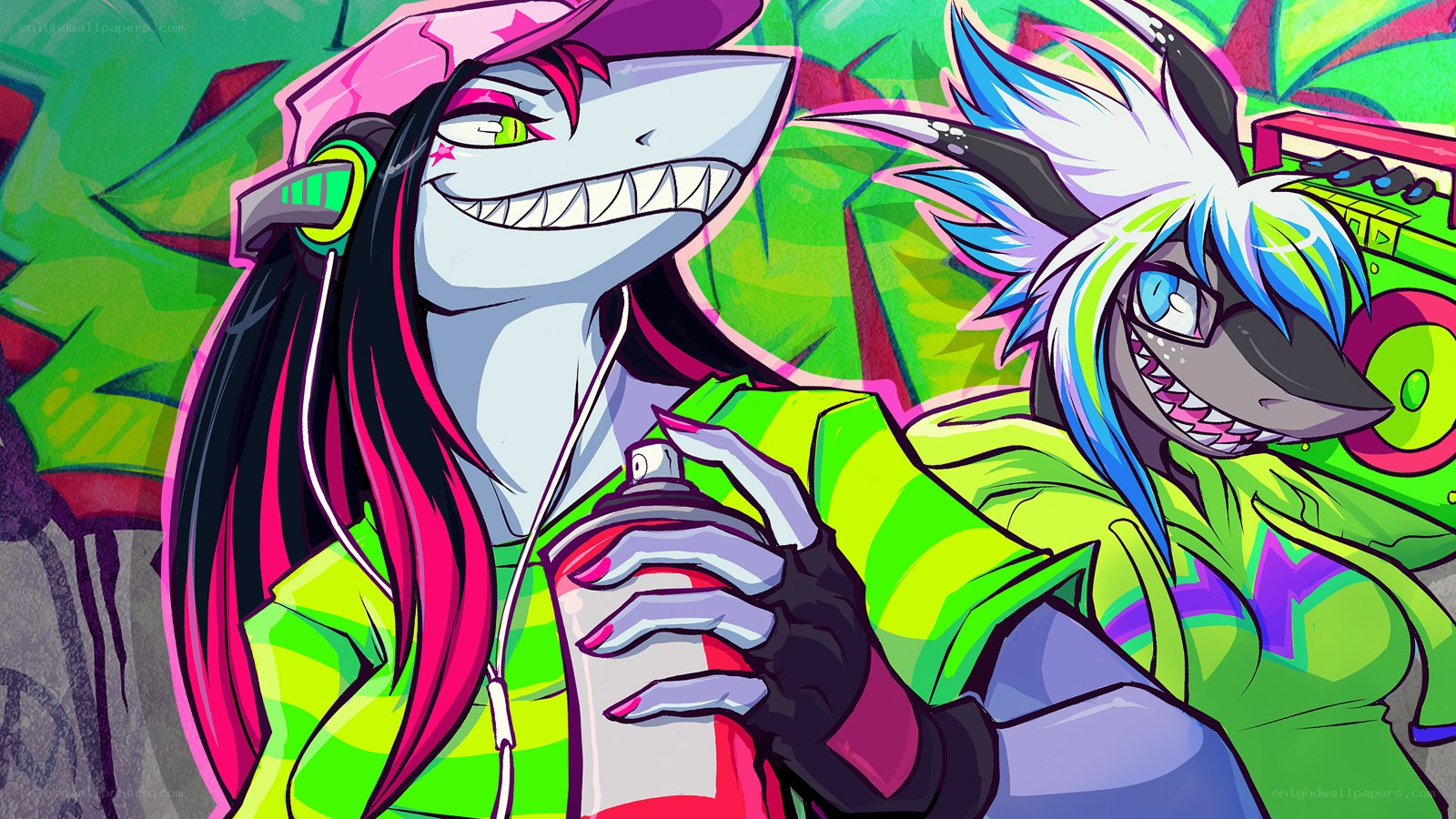two anthropomorphic sharks with spray paint
