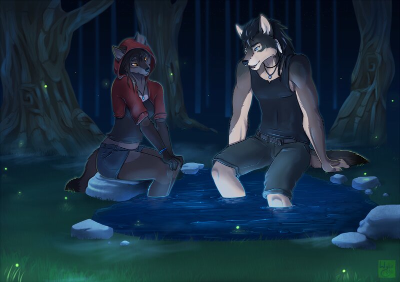 Two Anthropomorphic Wolves — Blue, Serene