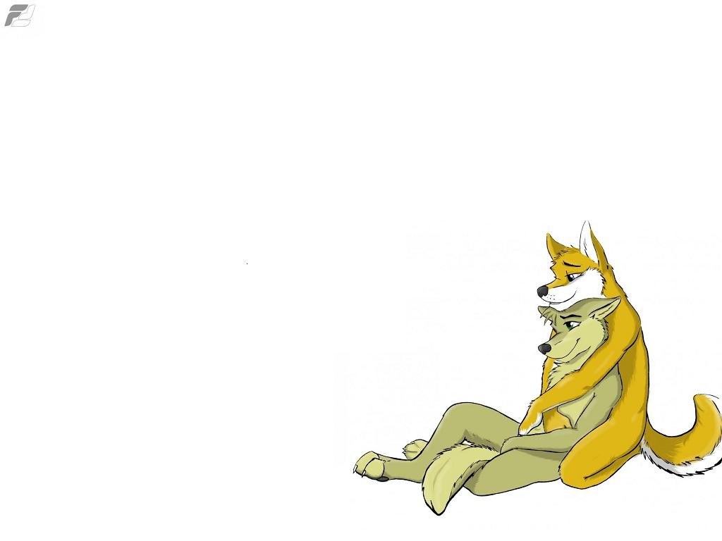 Two anthropomorphic wolves hugging