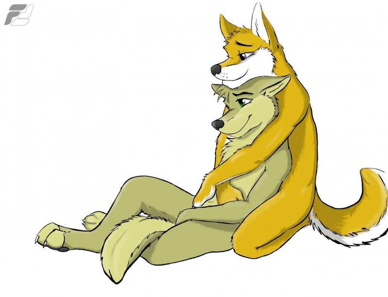 two anthropomorphic wolves hugging