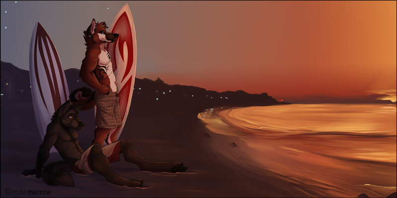 Two Anthropomorphic Wolves on Beach