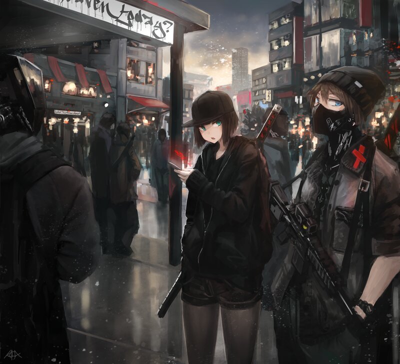 Two Armed Figures in City — Black, Dramatic