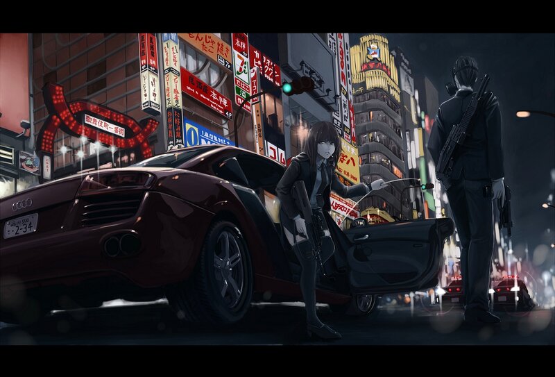 Two Armed Figures in City — Black