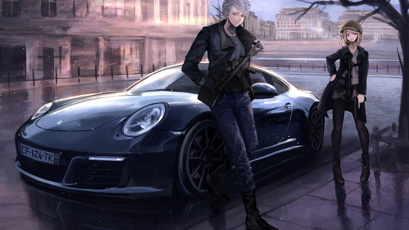 Two Armed Figures with Car