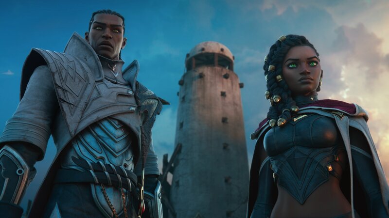 Two Armored Characters — Blue, Dramatic, Sunset