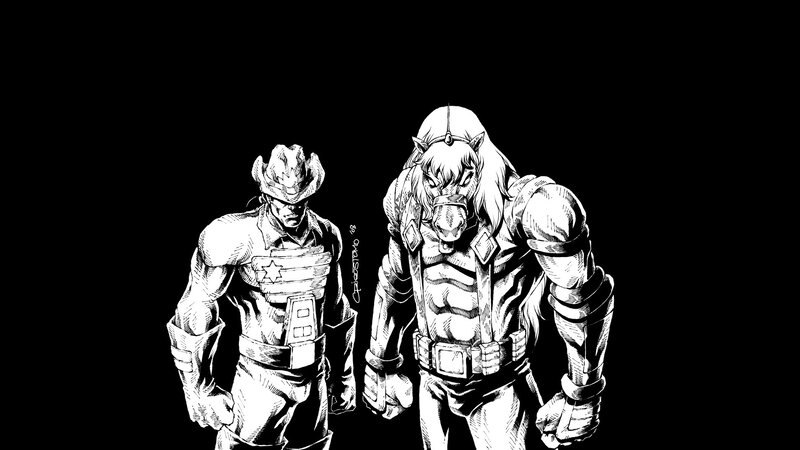 Two Armored Figures — Black, Dramatic, Comic