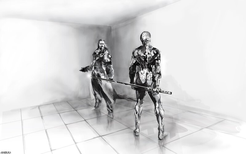 Two Armored Figures — Black, Dramatic, Digital Art, Swords