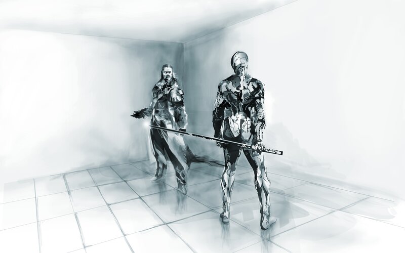 Two Armored Figures — Black, Dramatic, Digital Art, Swords, Tiled Floor, Corner