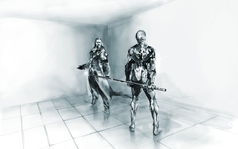 Two Armored Figures — Black, Dramatic, Digital Art, Swords, Tiled Floor
