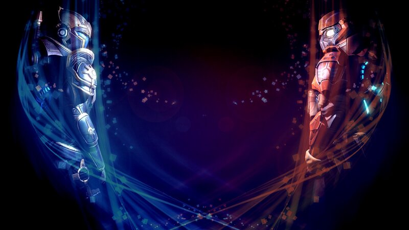Two Armored Figures — Blue, Dramatic, Night, Digital Art, Armor, Light Beams