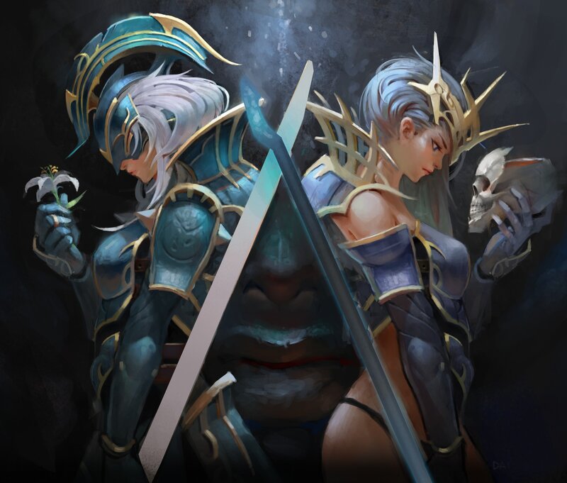 Two Armored Figures — Blue, Dramatic, Night, Digital Art